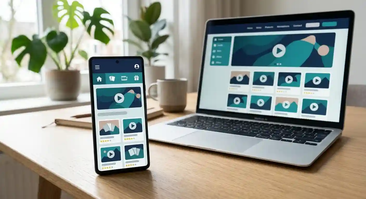 Generieke mobiele casino-interface op smartphone en desktop zonder merklogo of echte UI
