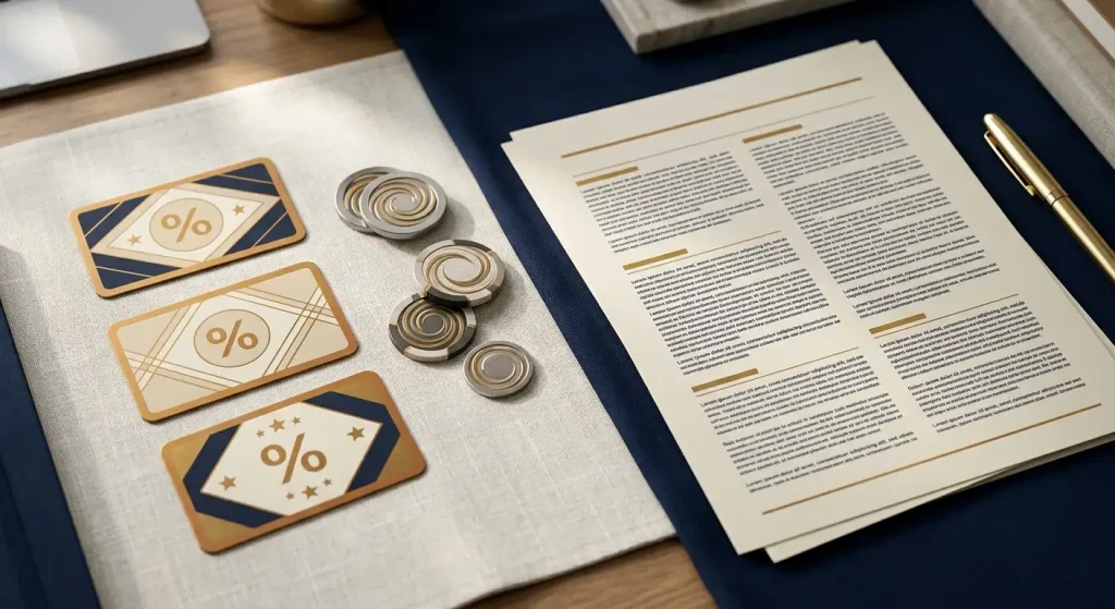 Illustratie van casinobonusvoorwaarden met abstracte procenten en free-spinsymbolen