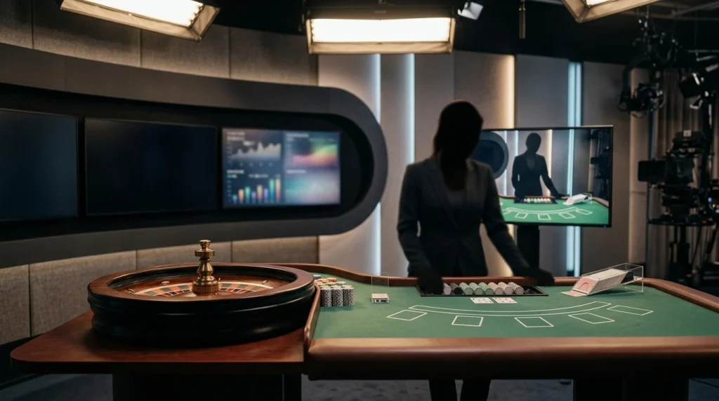 Illustratie van een generieke live casinotafel met kaarten en roulette