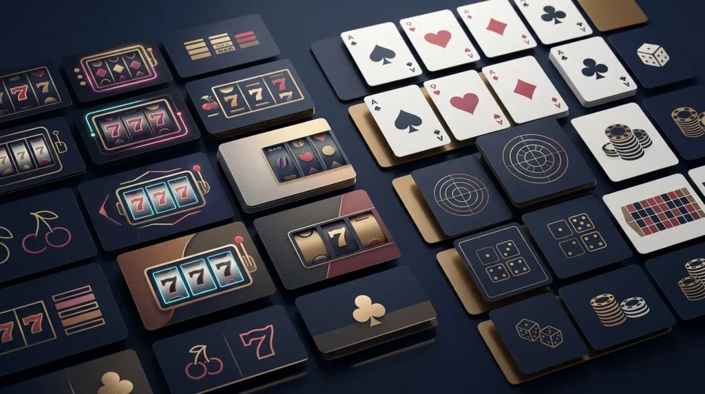 Illustratie van een gevarieerde online casinobibliotheek met slots en tafelspellen