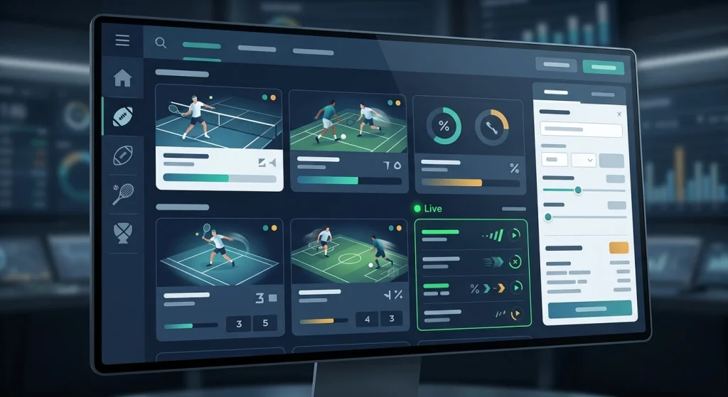 Redactionele illustratie van een generiek sportsbook met voetbal, tennis en live betting